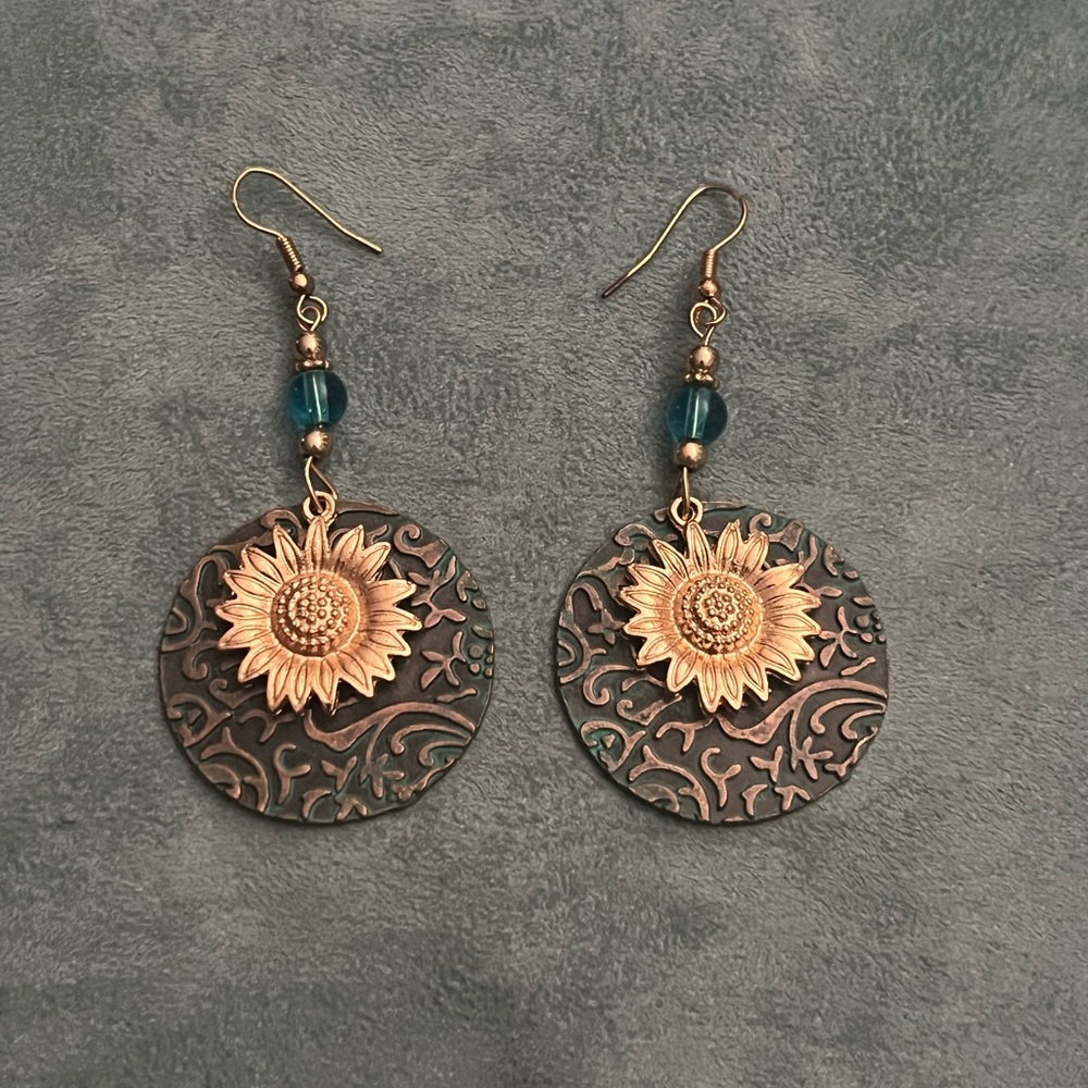 Sunflower Embossed Bronze and Teal earrings